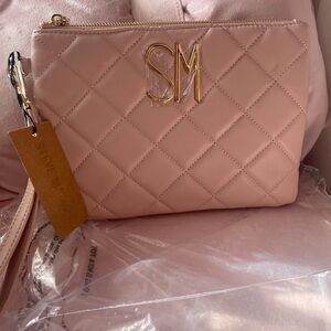 Steve Madden Quilted Wristlet Clutch in Blush Pink with Gold Logo